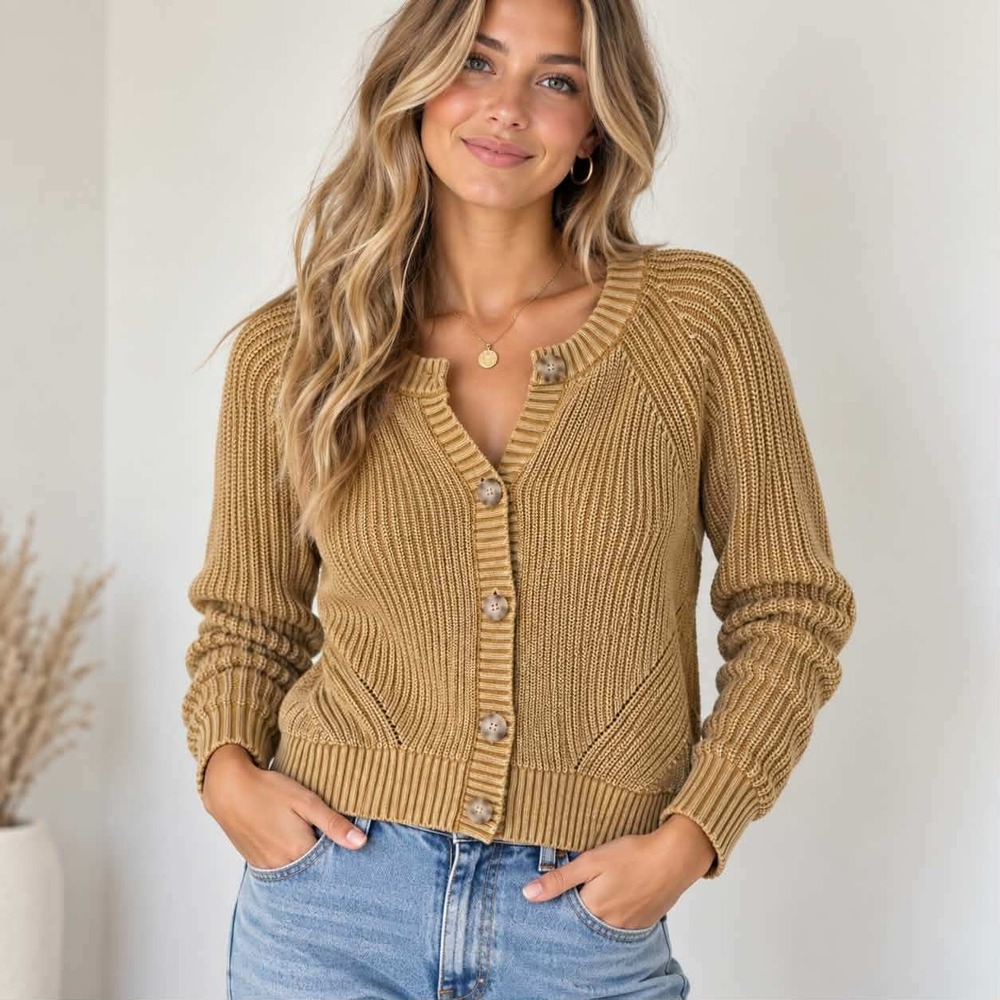 Faherty Mikki Cardigan Shaker Stitch Button Front Sweater Ochre Yellow Small